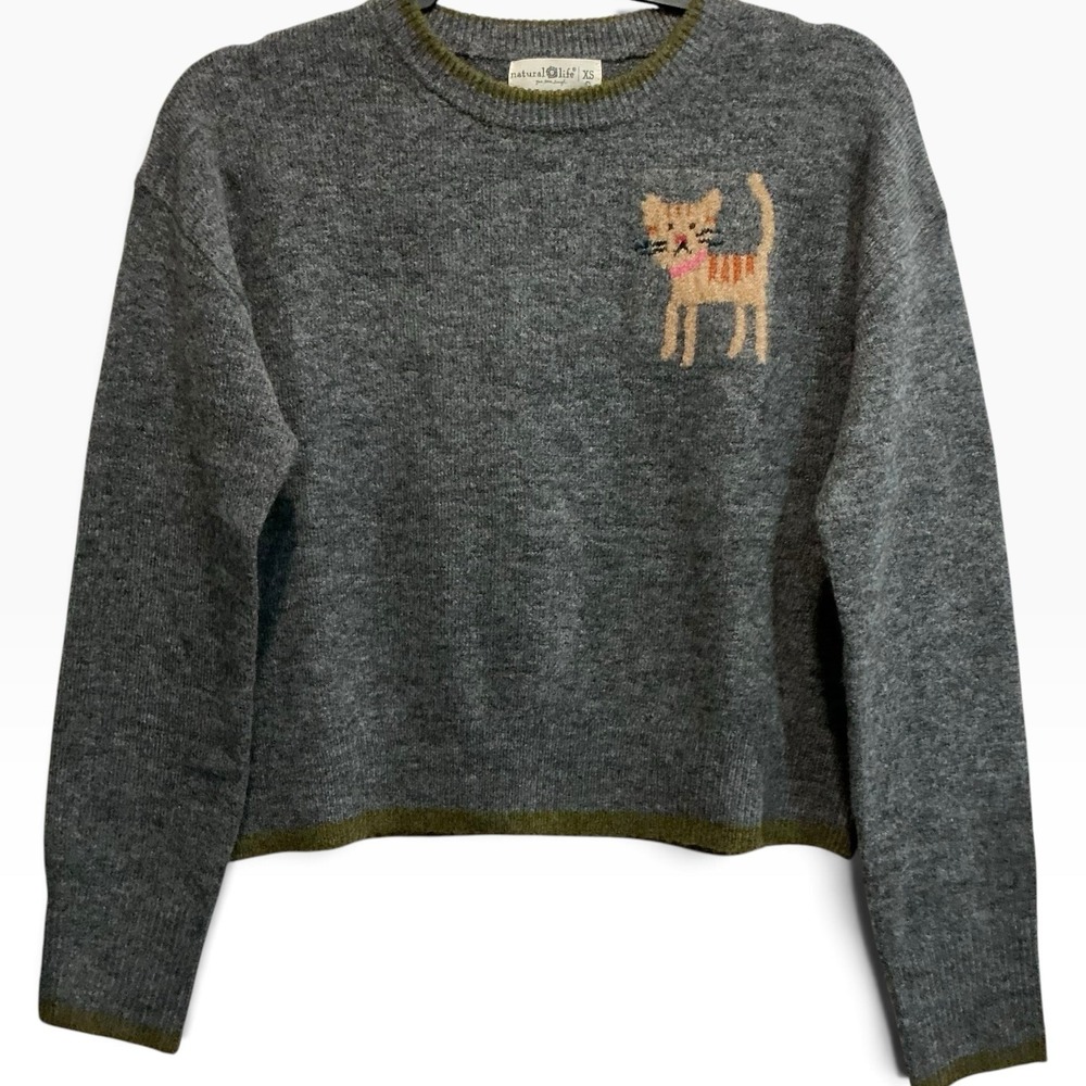 Natural Life Intarsia Tabby Cat Crewneck Sweater Whimsical Cottagecore XS NWT - Picture 2 of 5